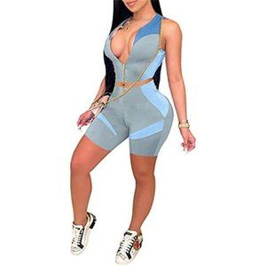 2 Piece Sleeveless front Zipper Crop Top And Bike Shorts Casual Outfit
